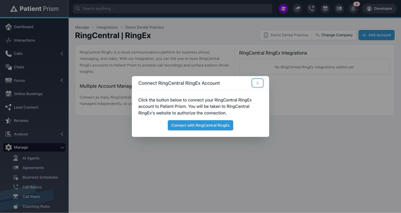 The Connect RingCentral RingEX Account window