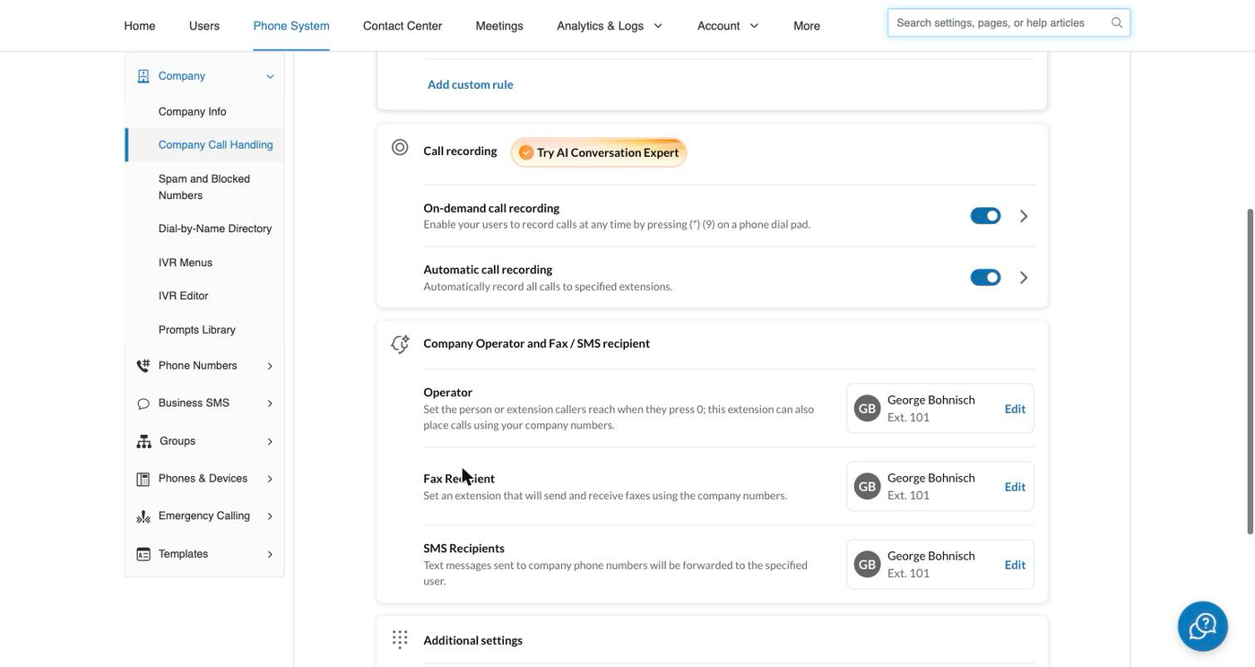 The Call recording section of the RingCentral Admin Portal, with Automatic call recording turned on