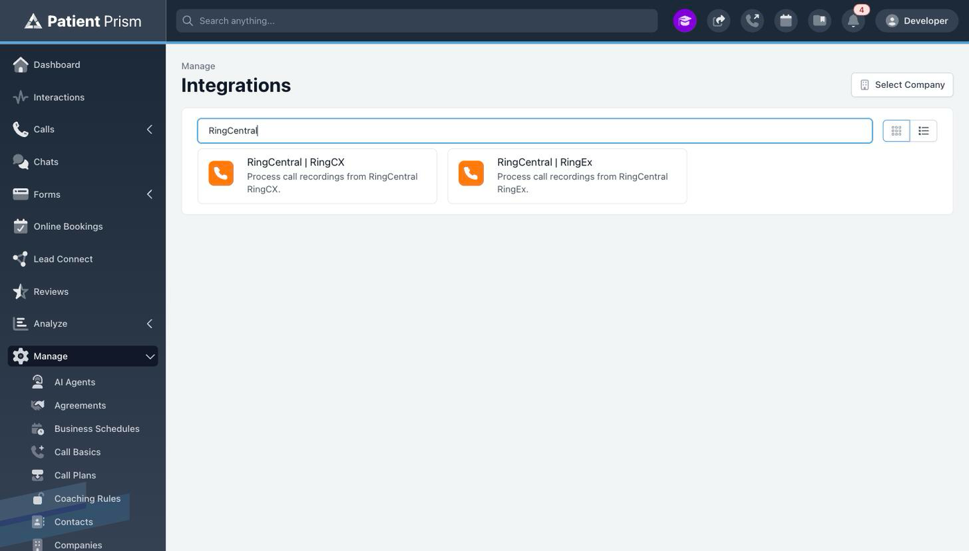 The RingCentral cards on the Integrations page in Patient Prism