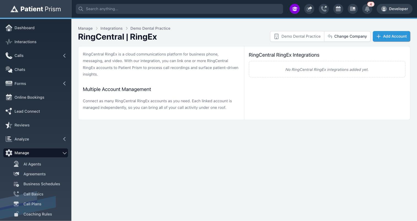 The RingCentral RingEX integration page and the Add Account button